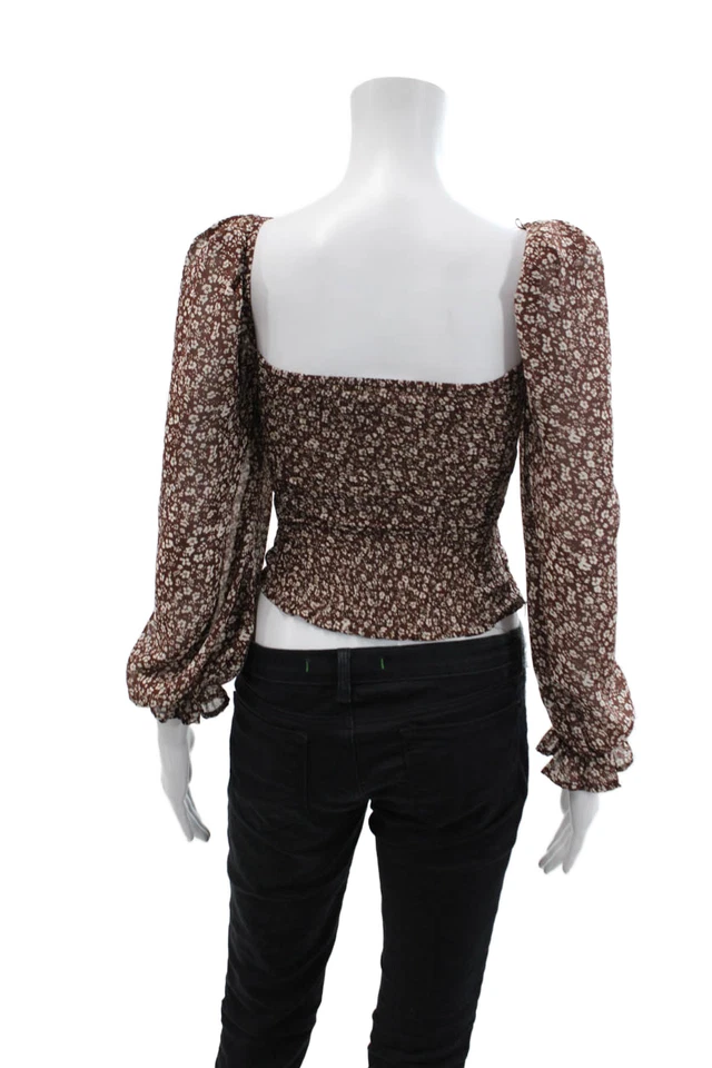 Blusa floral ajustada acanalada manga larga cuello cuadrado ASTR para mujer talla XS Foto 3 de 4