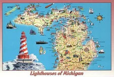 Lighthouses of Michigan, Great Lakes, Ships etc. - State Map Lighthouse Postcard