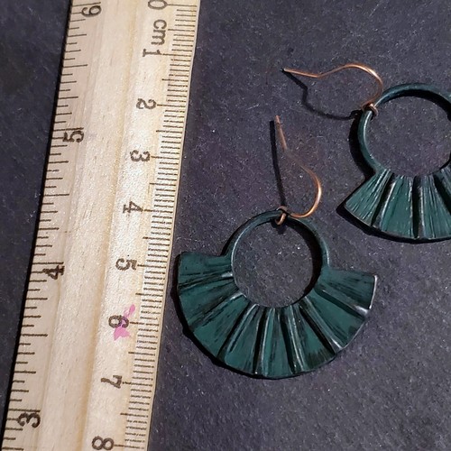 Antique Copper Verdigris Blue Green Patina Edgy Round Fan Earrings - Picture 7 of 7