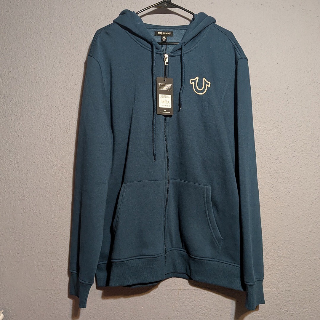 TRUE RELIGION HORSESHOE FULL ZIP HOODIE SWEATSHIRT POSEIDON