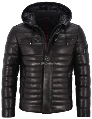 Herren Lederjacke Puffer Kapuze 100% Lammleder komplett gesteppt Hoodie Jacke 2006