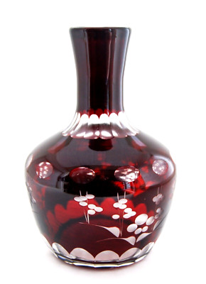 Vintage Bohemian Art Glass Bottle Ruby Red Cut Outs Czechoslavakia