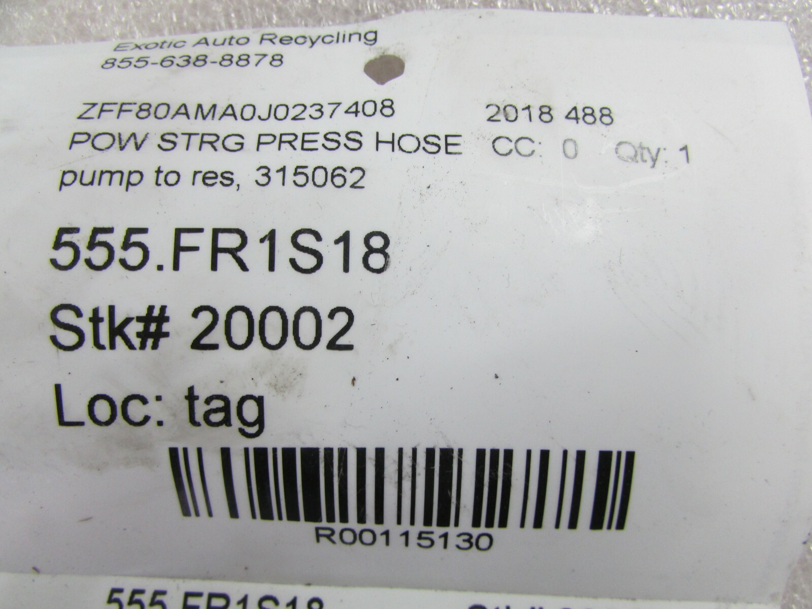 Ferrari 488, Power Steering Tank to Pump Hose, Used, P/N 315062