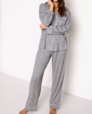 NWOT$148 Eberjey Women Bobby Long PJ Set Heather Grey/Bellini Sz Medium