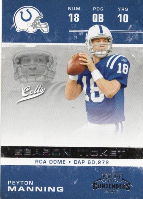 Peyton Manning #43 Football Cards 2007 Playoff Contenders trading card — raw and PSA graded price guide