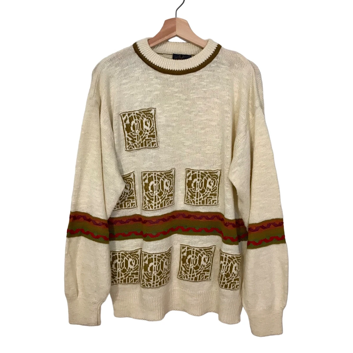 Bugatchi Abstract Knit Sweater Colorblock 3D Crew Neck Vintage 90’s Men’s Sz L