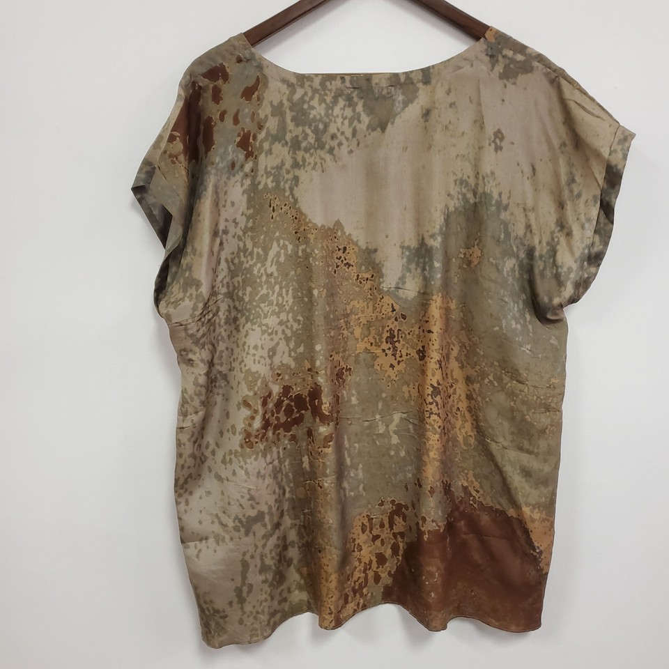 Eileen Fisher Womens Artsy Silk Tunic Top Size XL Tan Grunge
