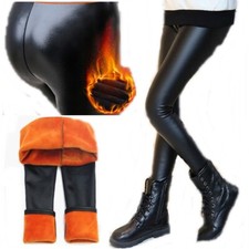 Leder Optik Leggings Thermo Leggins Schwarz Damen Winter mit Futter XS S M L XL