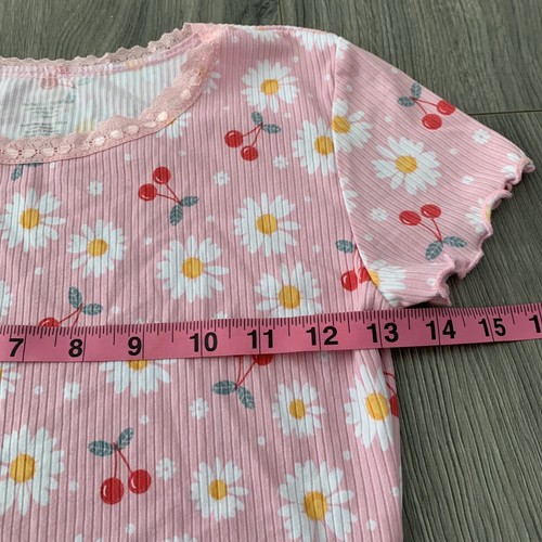 Toddler Girl Daisies Flower & Cherries Print Scalloped Edges Pink Shirt Sz Small - Picture 3 of 5