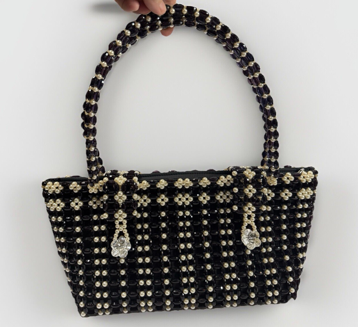 Women’s Black &  Bead Faux Pearl Shoulder Bag In Black/ White Purse Handbag