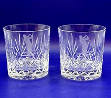(2) Edinburgh Scotland Crystal Whiskey, Bourbon Rocks Glasses w/ Etched Golfers