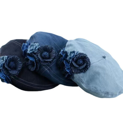 2475 Denim Beret Hat For Women Flower French Artist Painter Beret Casual Beret Denim Beret Hat for Women Flower French Artist Painter Beret  main image 4
