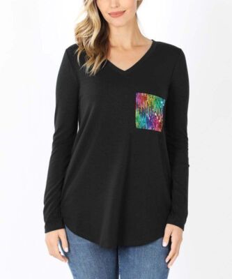 Aria & Clara Sequin-Accent V-Neck Long-Sleeve Curved-Hem Tunic Size Small
