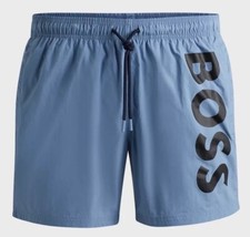 Boss Men's Vertical-Logo-Print Swim Shorts In Quick-Dry Poplin In Blue