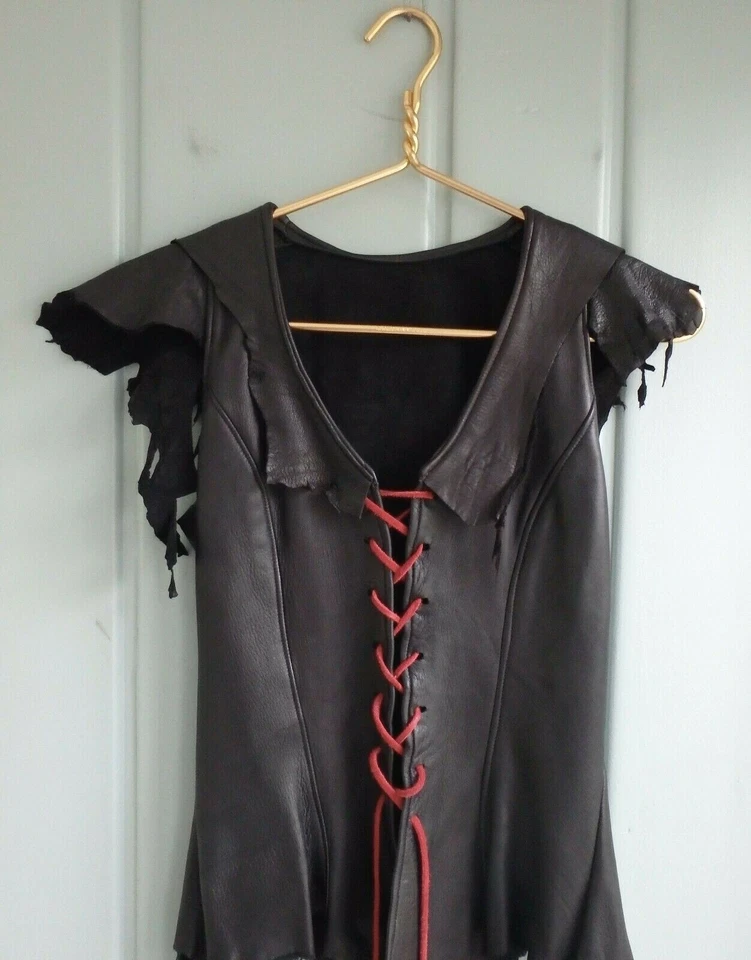 Black Leather Distressed Lace Up Corset Pirate Renaissance Halloween Costume - Image 3 of 4