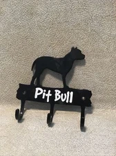5"Tall Pit Bull Leash or Key Holder Wall Hanging- Black w/ White letters. METAL 