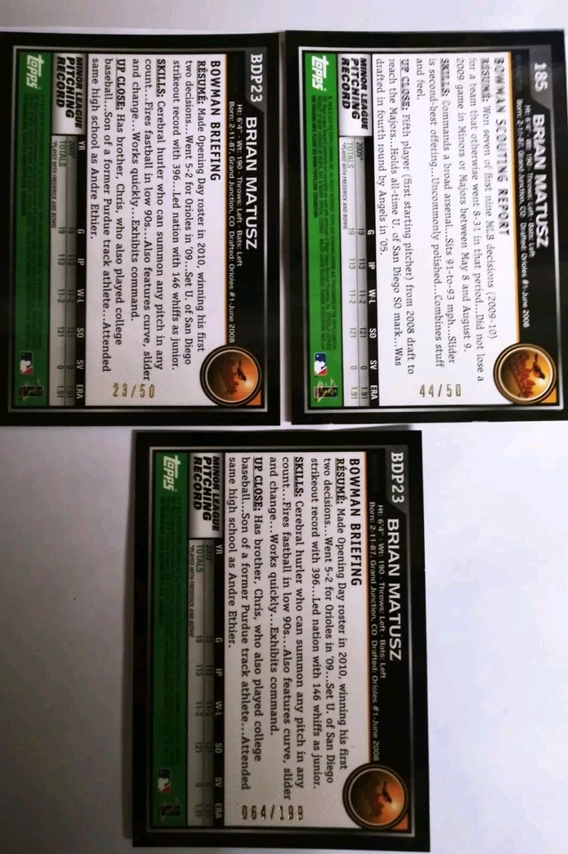 Bowman Chrome Brian Matusz Gold Chrome Draft 2010 #/50 + Gold #/50 + Blue #/199 Foto 2 de 2