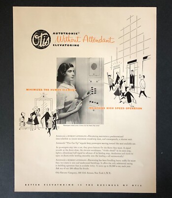 1952 Otis Elevator Advertisement No Attendant Self Push Buttons Vtg Print AD