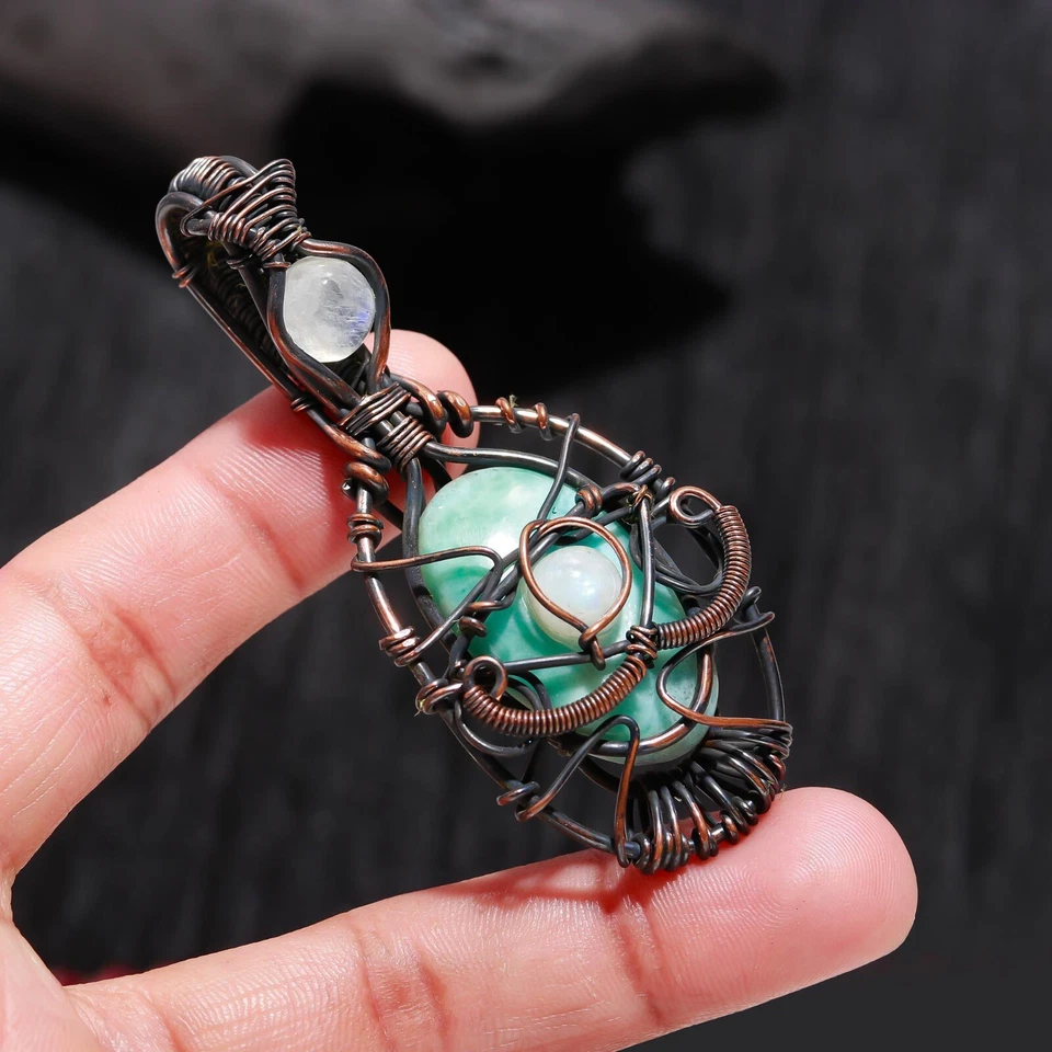 Colgante de joyería de cobre envuelto en alambre diseño hecho a mano piedras preciosas de piedra lunar Larimar Foto 2 de 4