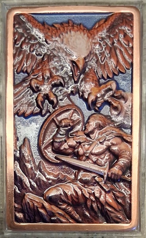 M. WARRIOR & EAGLE COPPER BULLION BAR 3D HI-RELIEF UV COLORED 1 Oz BU .999 FINE