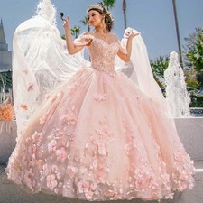 Pink Quinceanera Dress V Neck Off Shoulder Flower Cape Beading Long Sweet 15 16