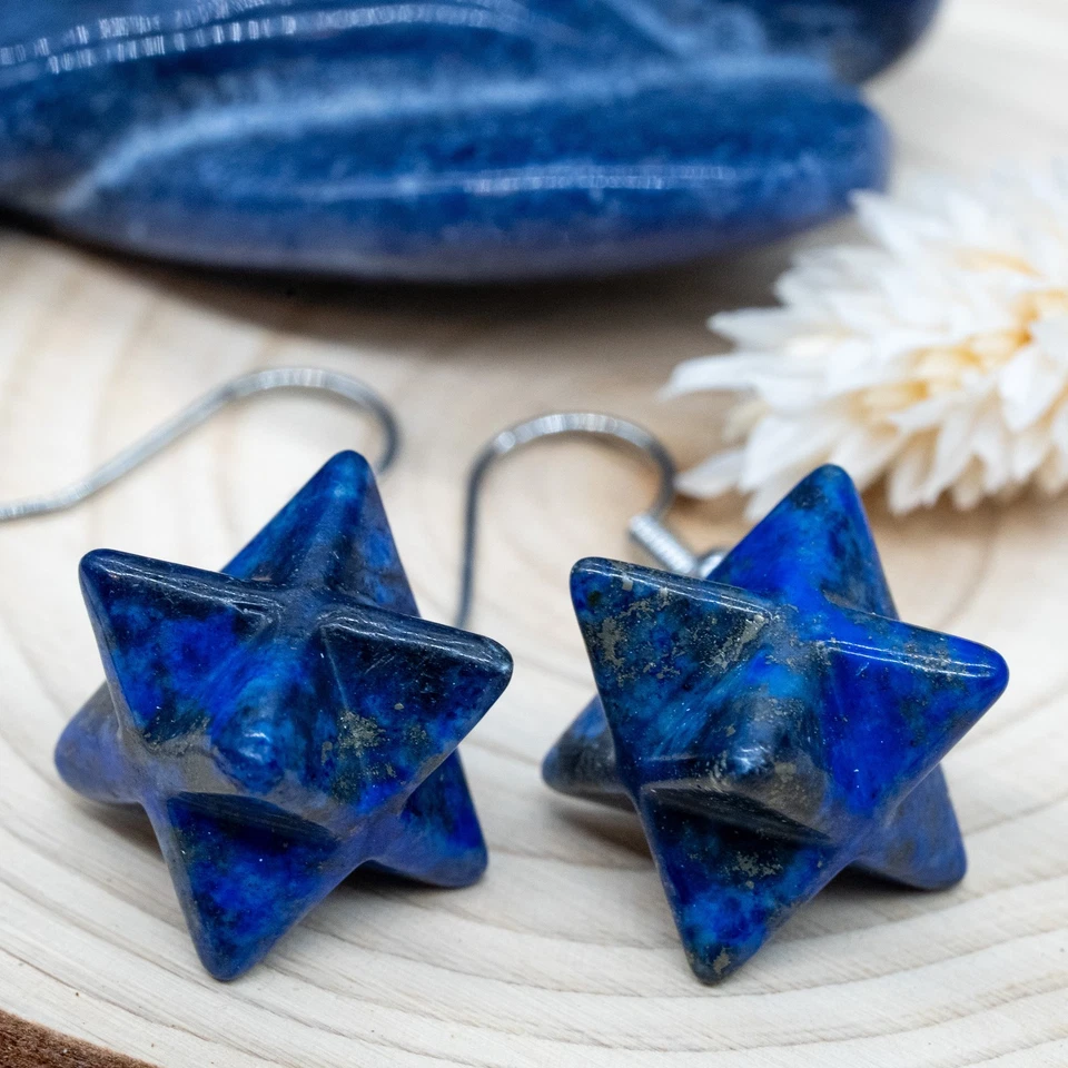 Pendientes colgantes tallados Merkaba piedras preciosas cristal lapislázuli geometría sagrada Foto 3 de 4