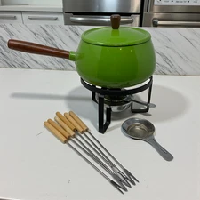 Vintage 1970's Avocado Green Fondue Pot Set 6 Forks Japan Mid Century Modern