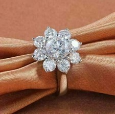 7mm Round D/VVS1 Moissanite Flower Engagement Halo Ring 14K White Gold Plated