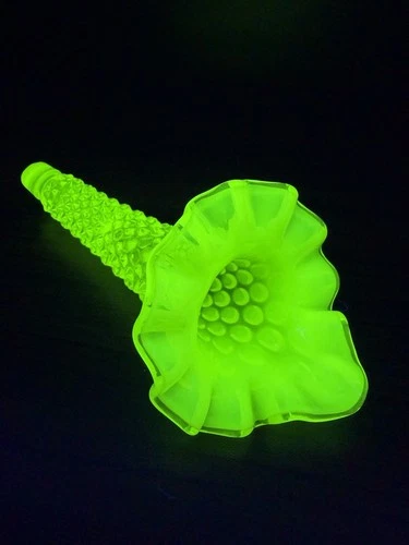 Fenton Topaz Opalescent Hobnail Epergne Horn 6" Vaseline Uranium Glass HTF Vintg