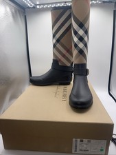 BURBERRY SIMEON BLACK RUBBER BEIGE CHECK LOGO KNEE HIGH RAIN BOOTS US- 5/EUR 35