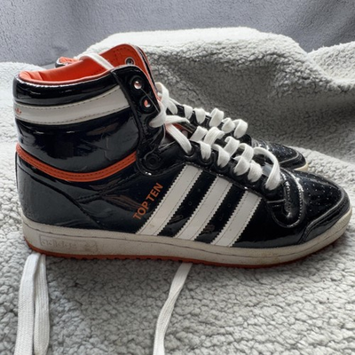 #ad Adidas Top Ten Hi Shoes Mens Size 8 Black White Orange Patent High Top FV2449 $31.99