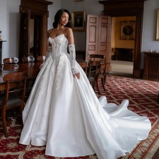 Applique Sweetheart Short Sleeves A-Line Satin Wedding Dress Lace-up Bridal Gown