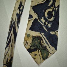 Strathmore Men's Silk Tie Beige Navy Green Abstract Pattern Art Theme Vintage