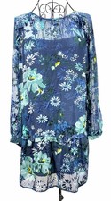 LOFT Floral Chiffon Dress Women Small Blue Sheer Long Sleeve Boho Lined