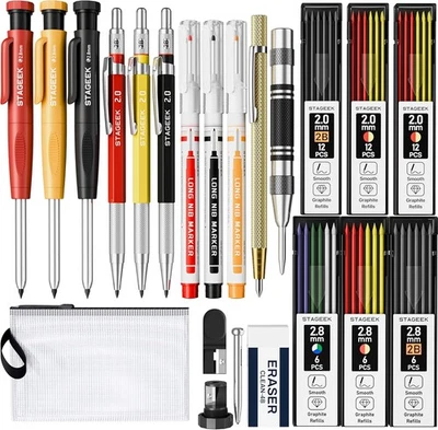 STAGEEK 22 Pack Mechanical Carpenter Pencil Set with Sharpener, Automatic Center Punch,