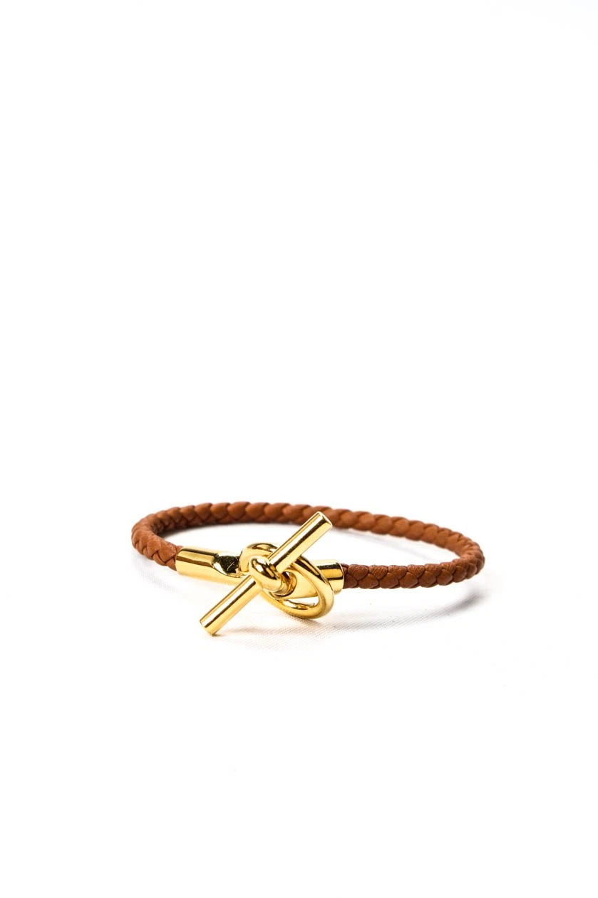 HERMÈS Bracciale donna Hermes pelle di vitello intrecciata placcato oro chiusura glenan marrone