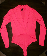 Women s Pink Long Sleeve Stretch Solid Pleated Bodysuit Snap Closure Size M