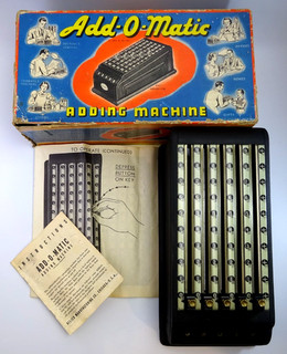 VINTAGE ADDING MACHINE ADD O MATIC OLD CHAIN DRIVE w ORIG BOX & PAPERS FOR PARTS