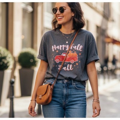 Delta Pro Weight Happy Fall Yall Graphic T-Shirt Charcoal Gray Women 2XL