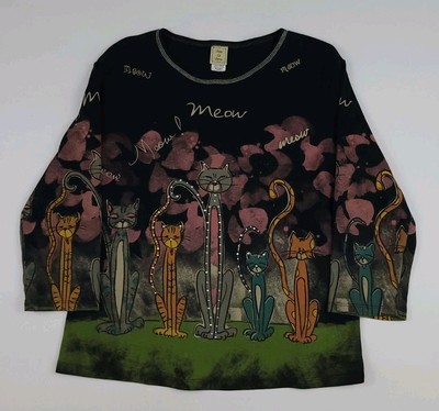 Vintage Cat Meow Art Print Shirt Rare Jess Jane USA Made Sz L Multicolor Y2k Vtg