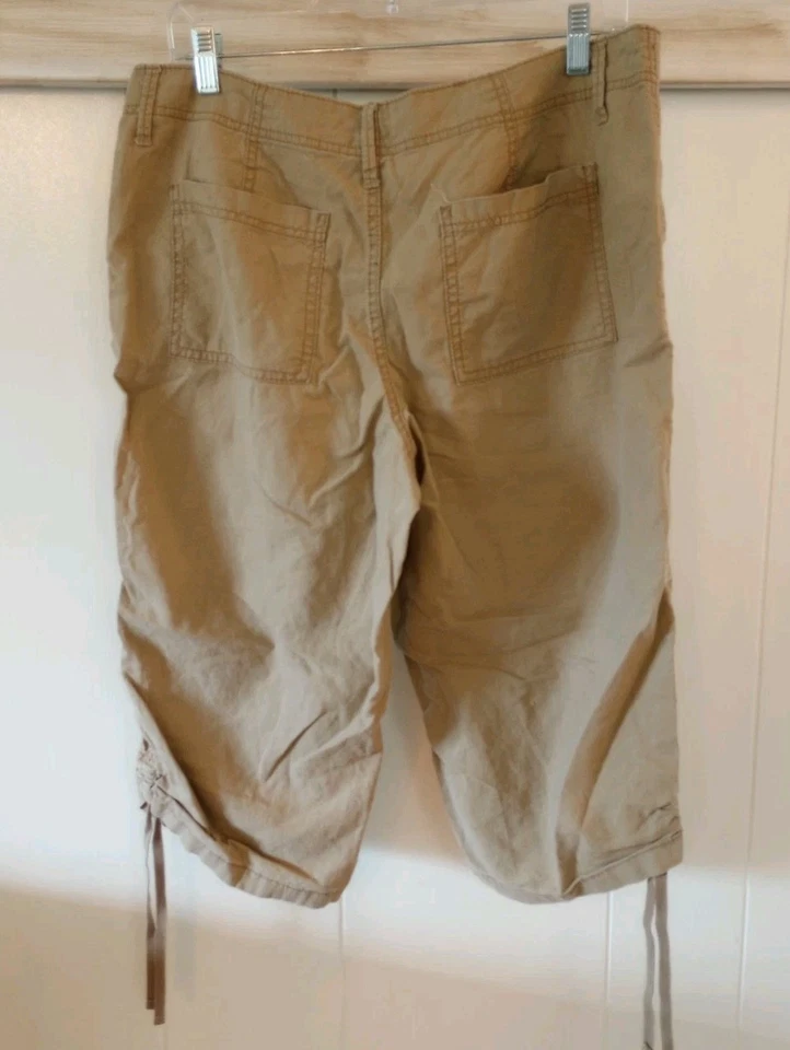 Y2K Faded Glory Capri Tan Embroidered Flower Linen Cotton Blend Casual 10 12 - Image 4 of 4