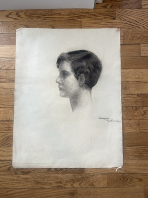 Antique Charcoal on Paper 1920s Brazilian Artist Edwiges Jacobusich- Boy Study