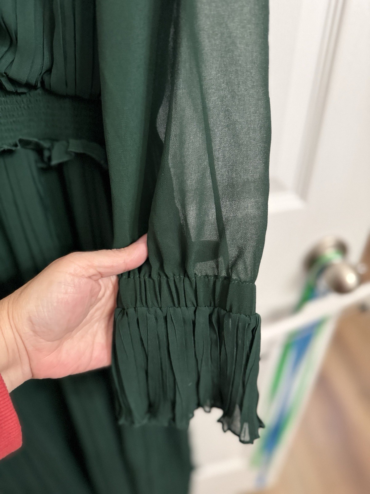 Zara Forest Green Pleated Midi Dress Smocked Waist Sheer Sleeves M thumbnail 3