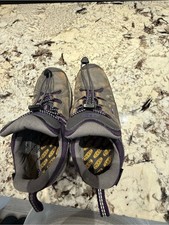 Keen Kids Targhee low waterproof grayish brown Hiking Boots with purple laces.