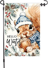 Hello Winter Cute Animal Garden Flag Cartoon Squirrel Holly Garden Sign 12X18 In