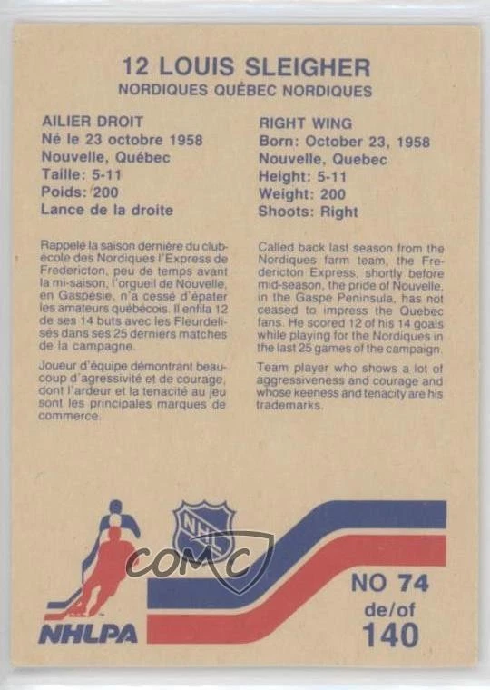 1983-84 Vachon Cakes Louis Sleigher #74 Rookie RC - Image 2 of 2