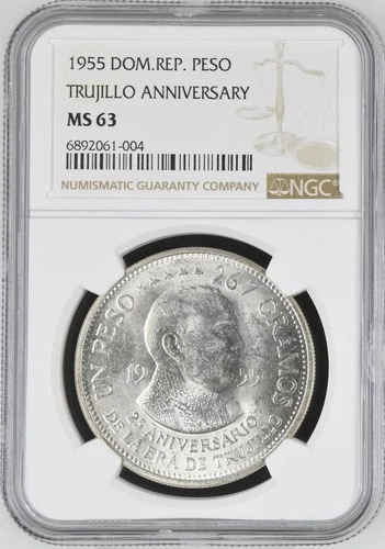 1955 Dominican Republic Silver 1 PESO NGC MS-63 TRUJILLO ANNIVERSARY