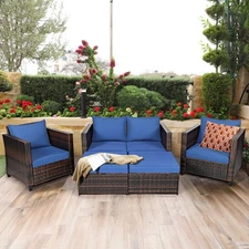 Patiojoy 5PCS Patio Rattan Ottoman Furniture Set Navy Loveseat Sofa Cushioned