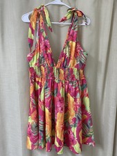 Tropical Floral V-Neck Tie Strap Smocked Sundress XL Polyester/Elastane