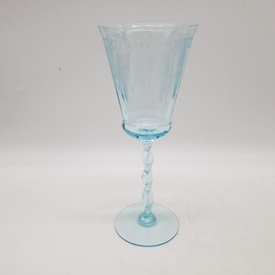 Morgantown Azure Blue Twisted Queen Anne Stem-Woodland Etch Glass